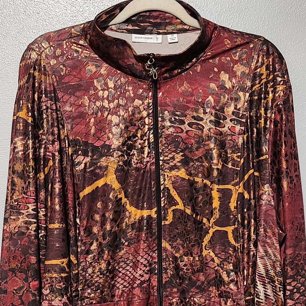SUSAN GRAVER Zip Front Jacket Womens Plus 2X Red Brown Animal Snake Print Shiny - Picture 3 of 13